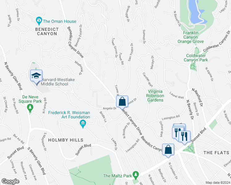 map of restaurants, bars, coffee shops, grocery stores, and more near 1109 Tower Road in Beverly Hills