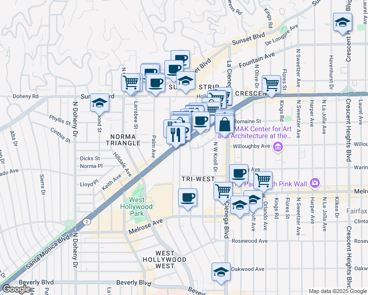 map of restaurants, bars, coffee shops, grocery stores, and more near 8707 Santa Monica Boulevard in West Hollywood