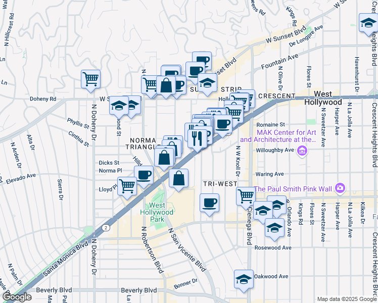 map of restaurants, bars, coffee shops, grocery stores, and more near 924 Hancock Avenue in West Hollywood