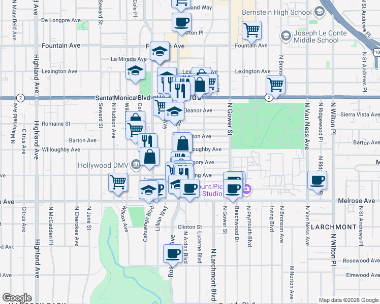 map of restaurants, bars, coffee shops, grocery stores, and more near 2 Hollywood Boulevard in Los Angeles