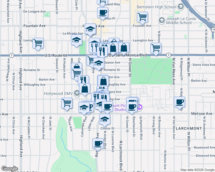 map of restaurants, bars, coffee shops, grocery stores, and more near 5934 Willoughby Avenue in Los Angeles