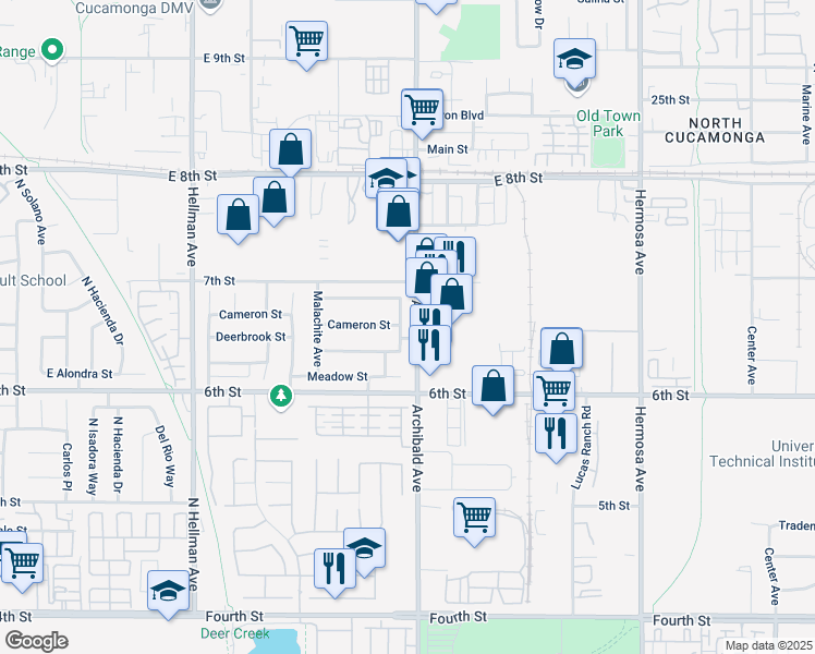 map of restaurants, bars, coffee shops, grocery stores, and more near 9185 Jadeite Avenue in Rancho Cucamonga