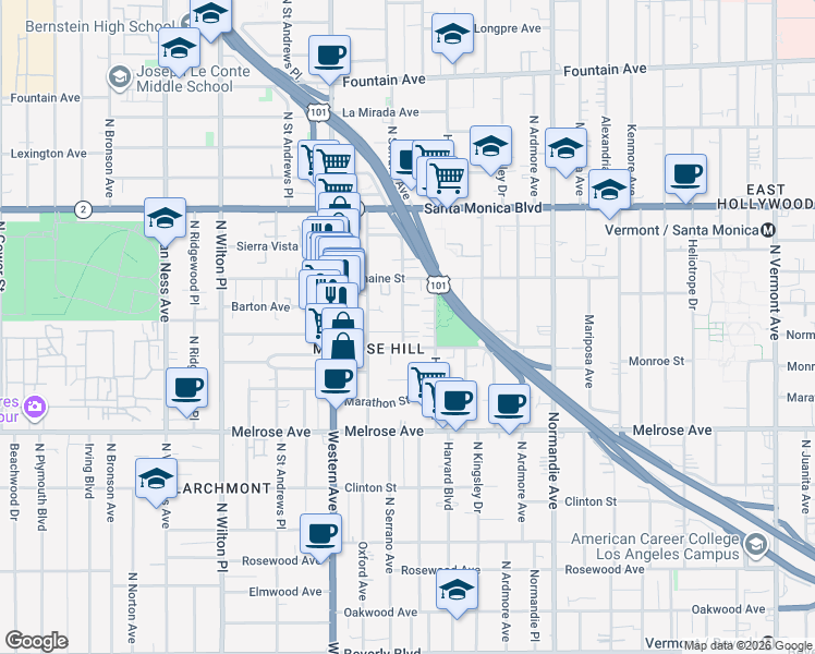 map of restaurants, bars, coffee shops, grocery stores, and more near 922 Serrano Avenue in Los Angeles
