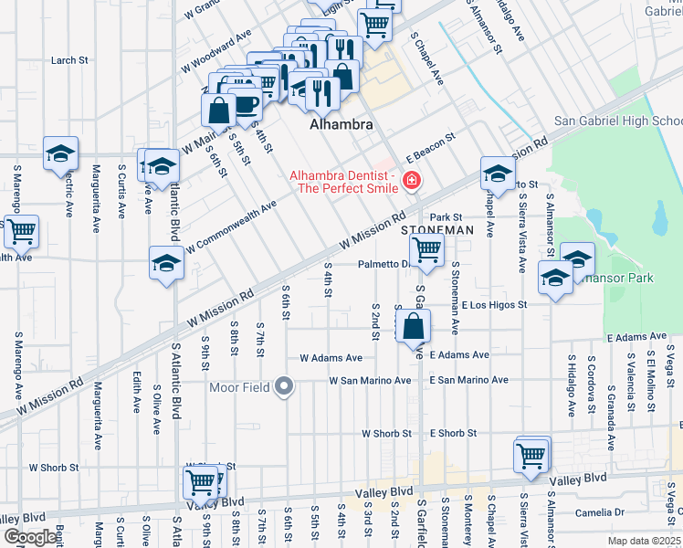 map of restaurants, bars, coffee shops, grocery stores, and more near 304 Palmetto Drive in Alhambra