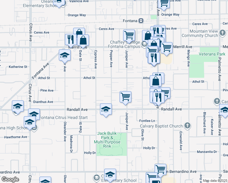 map of restaurants, bars, coffee shops, grocery stores, and more near 9193 Pepper Avenue in Fontana