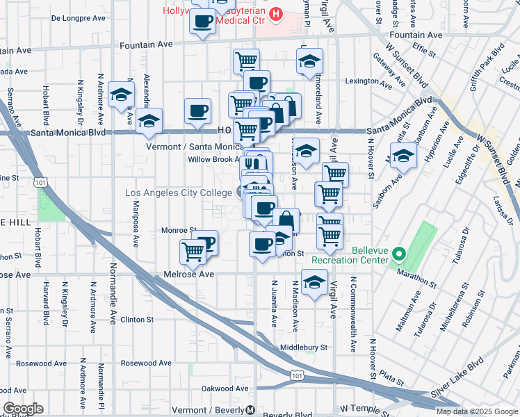 map of restaurants, bars, coffee shops, grocery stores, and more near 876 North Vermont Avenue in Los Angeles