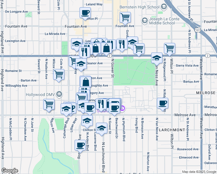 map of restaurants, bars, coffee shops, grocery stores, and more near 5819 Willoughby Avenue in Los Angeles