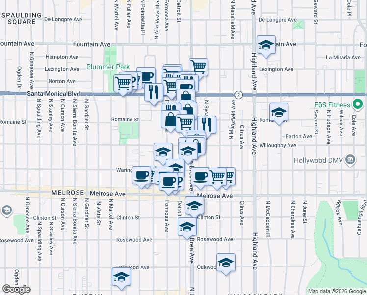 map of restaurants, bars, coffee shops, grocery stores, and more near 7165 Willoughby Avenue in Los Angeles