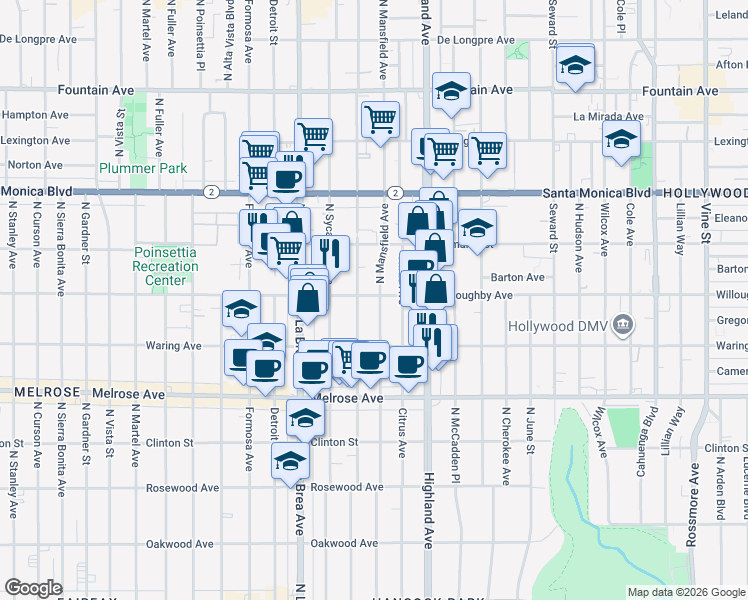 map of restaurants, bars, coffee shops, grocery stores, and more near 915 North Orange Drive in Los Angeles