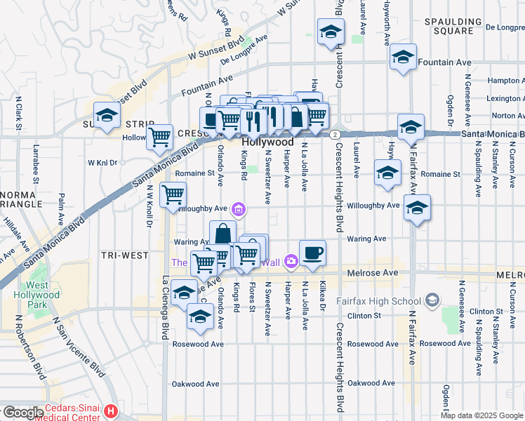 map of restaurants, bars, coffee shops, grocery stores, and more near 912 North Kings Road in West Hollywood