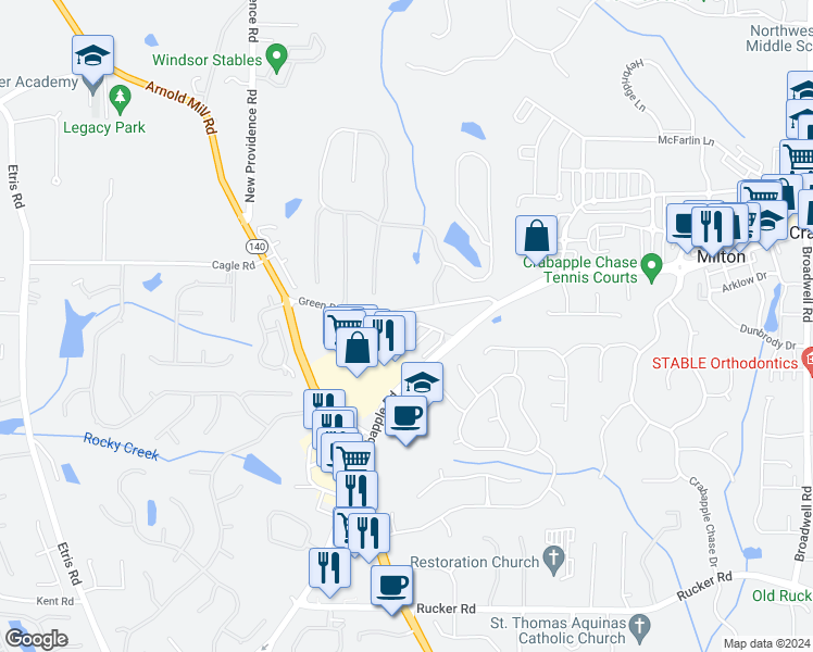 map of restaurants, bars, coffee shops, grocery stores, and more near 302 Abbey Court in Alpharetta