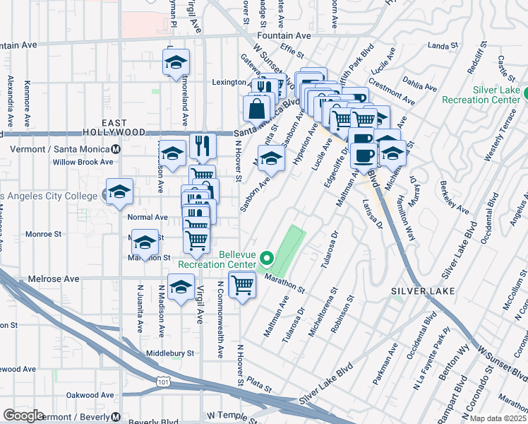 map of restaurants, bars, coffee shops, grocery stores, and more near 866 Hyperion Avenue in Los Angeles