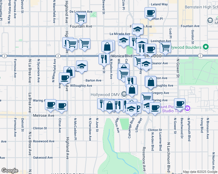 map of restaurants, bars, coffee shops, grocery stores, and more near 6350 Willoughby Avenue in Los Angeles
