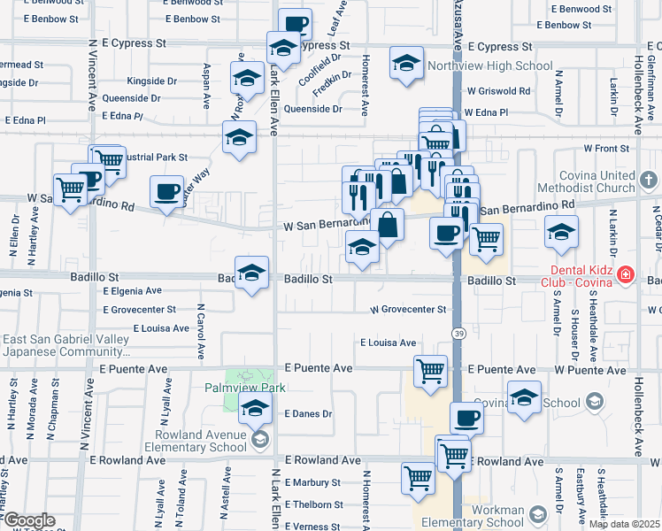 map of restaurants, bars, coffee shops, grocery stores, and more near 1130 West San Bernardino Road in Covina