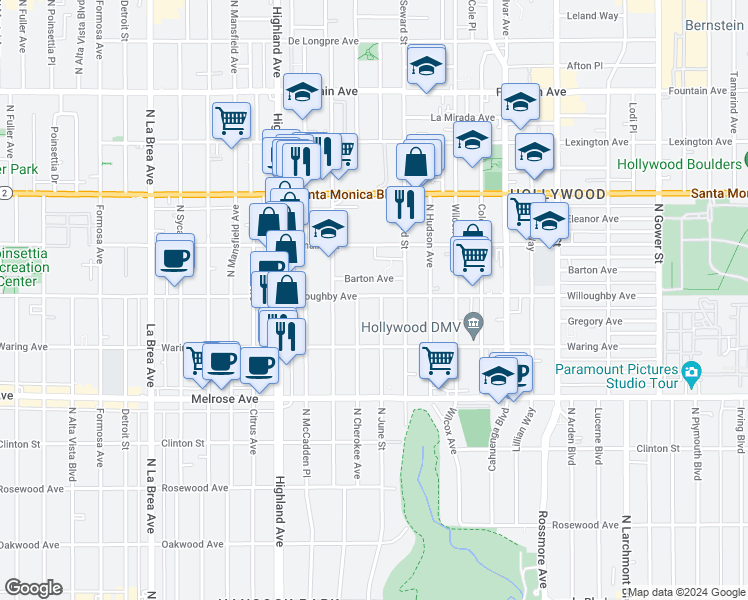 map of restaurants, bars, coffee shops, grocery stores, and more near 6552 Barton Avenue in Los Angeles