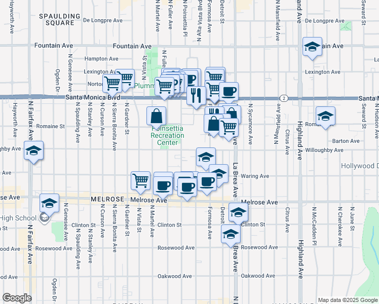 map of restaurants, bars, coffee shops, grocery stores, and more near 906 North Poinsettia Place in Los Angeles
