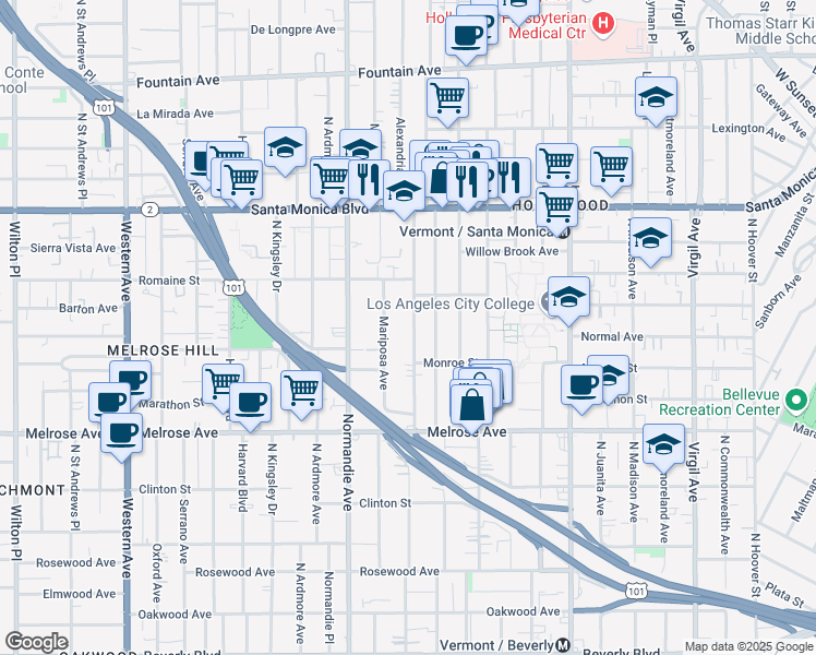 map of restaurants, bars, coffee shops, grocery stores, and more near 837 Alexandria Avenue in Los Angeles