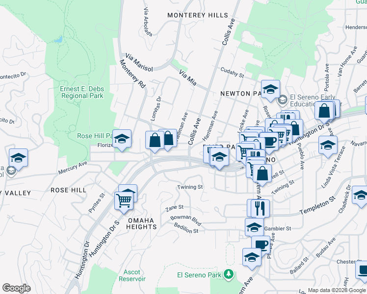 map of restaurants, bars, coffee shops, grocery stores, and more near 4682 Paula Street in Los Angeles
