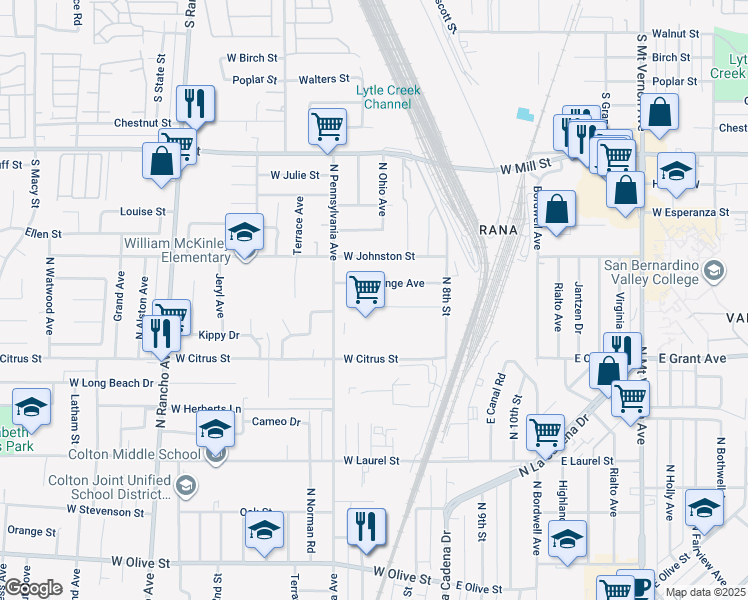 map of restaurants, bars, coffee shops, grocery stores, and more near 269 West Pleasant View Avenue in Colton