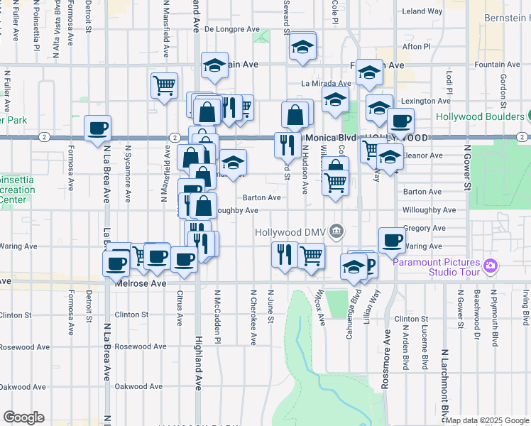 map of restaurants, bars, coffee shops, grocery stores, and more near 6552 Barton Avenue in Los Angeles