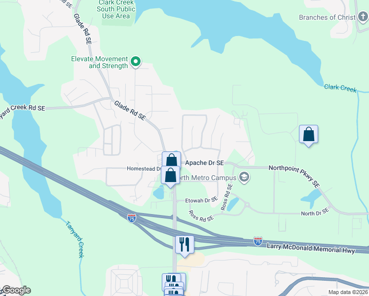 map of restaurants, bars, coffee shops, grocery stores, and more near 204 Kiowa Court Southeast in Acworth