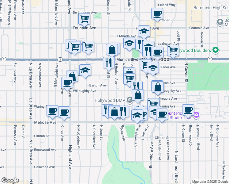 map of restaurants, bars, coffee shops, grocery stores, and more near 6350 Willoughby Avenue in Los Angeles