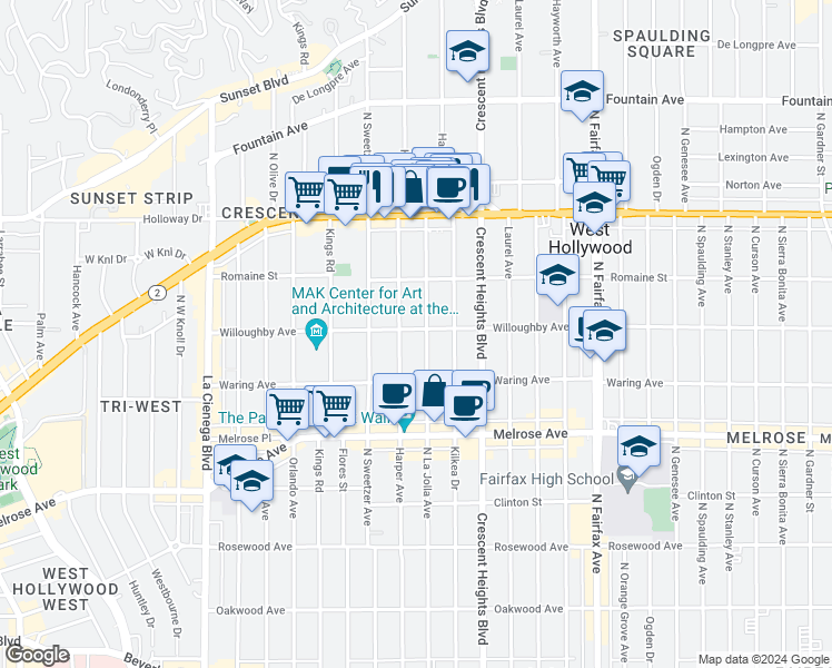 map of restaurants, bars, coffee shops, grocery stores, and more near 8210 Willoughby Avenue in Los Angeles