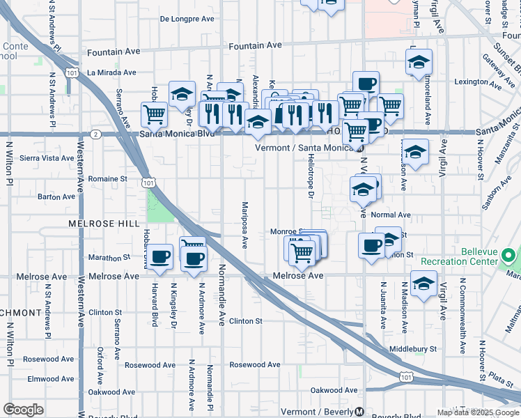 map of restaurants, bars, coffee shops, grocery stores, and more near 837 Alexandria Avenue in Los Angeles