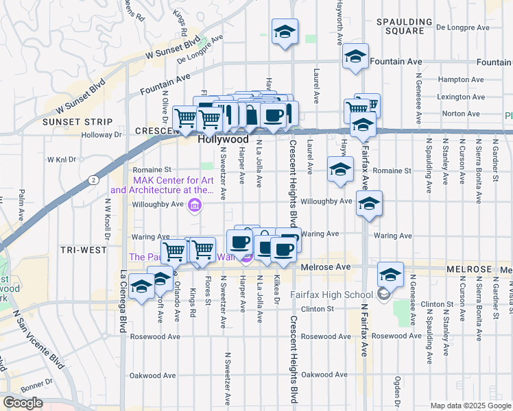 map of restaurants, bars, coffee shops, grocery stores, and more near 855 North La Jolla Avenue in Los Angeles