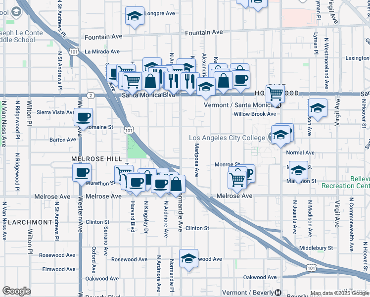 map of restaurants, bars, coffee shops, grocery stores, and more near 922 North Normandie Avenue in Los Angeles