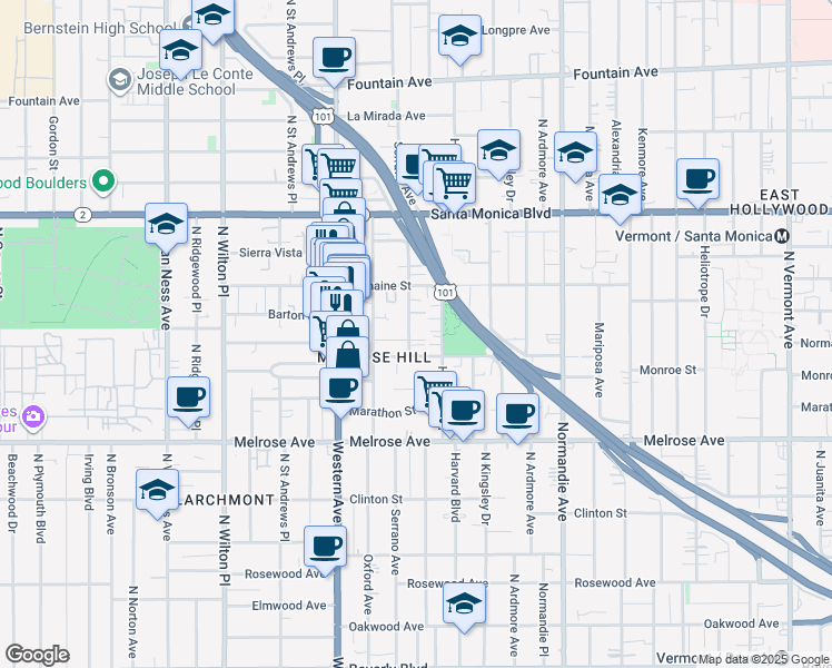 map of restaurants, bars, coffee shops, grocery stores, and more near 922 Serrano Avenue in Los Angeles