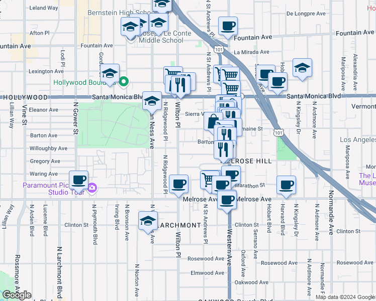 map of restaurants, bars, coffee shops, grocery stores, and more near 5437 Lemon Grove Avenue in Los Angeles