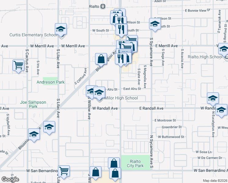 map of restaurants, bars, coffee shops, grocery stores, and more near 748 South Riverside Avenue in Rialto