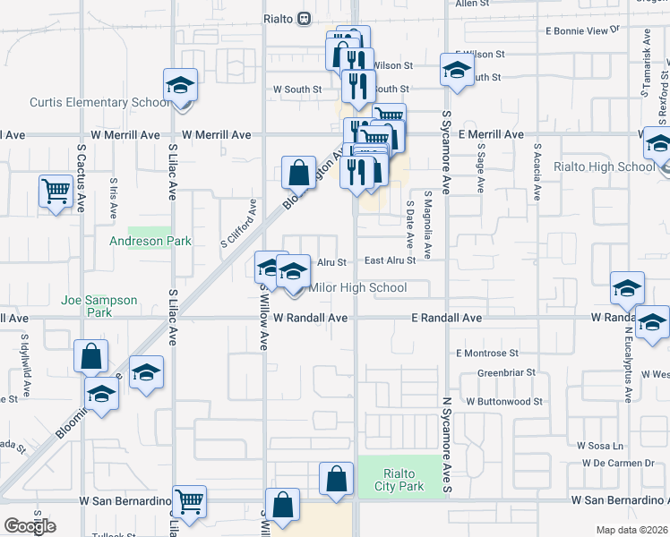 map of restaurants, bars, coffee shops, grocery stores, and more near 125 West Alru Street in Rialto