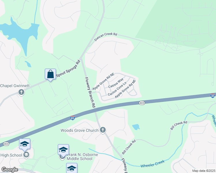 map of restaurants, bars, coffee shops, grocery stores, and more near 2060 Cabela Drive in Buford
