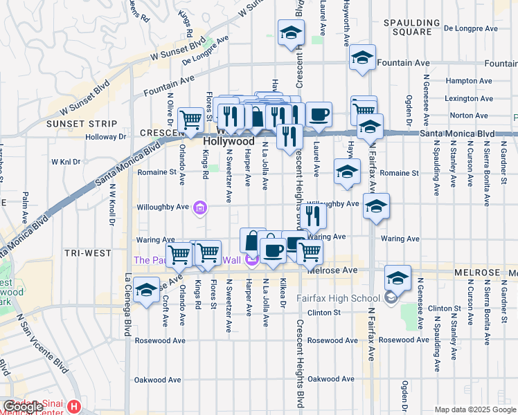 map of restaurants, bars, coffee shops, grocery stores, and more near 8210 Willoughby Avenue in Los Angeles