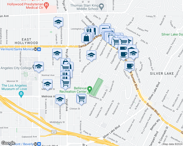 map of restaurants, bars, coffee shops, grocery stores, and more near 854 Hyperion Avenue in Los Angeles
