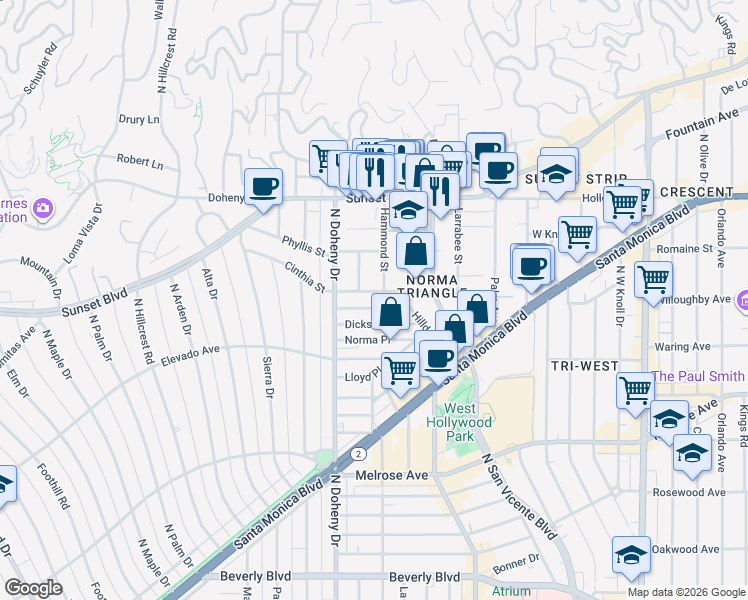 map of restaurants, bars, coffee shops, grocery stores, and more near 9000 Cynthia Street in West Hollywood