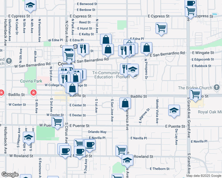 map of restaurants, bars, coffee shops, grocery stores, and more near 200 North San Jose Avenue in Covina