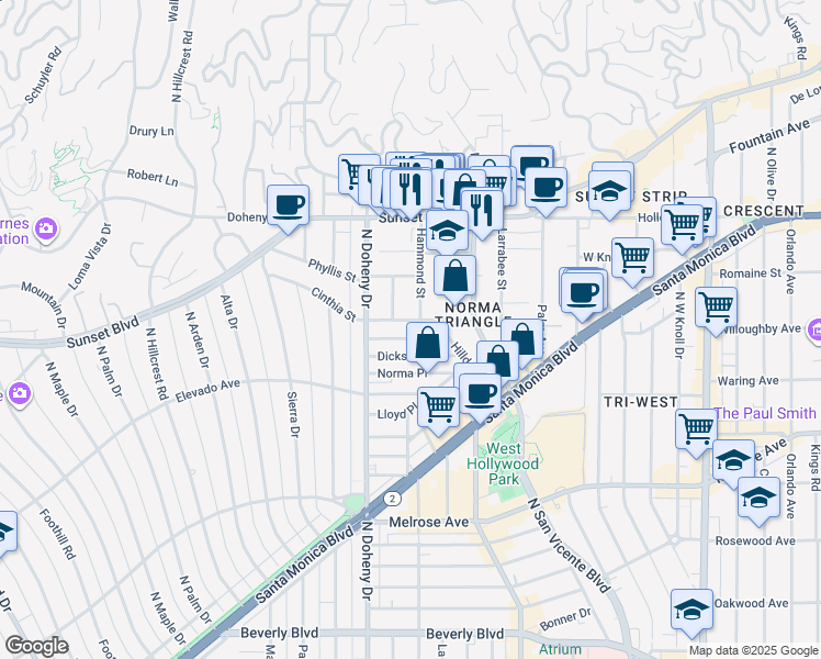 map of restaurants, bars, coffee shops, grocery stores, and more near 8965 Cynthia Street in West Hollywood