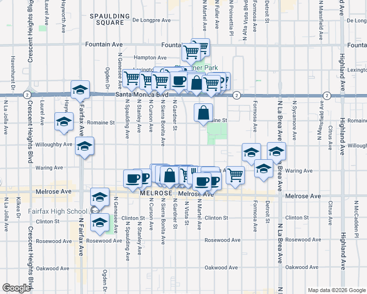 map of restaurants, bars, coffee shops, grocery stores, and more near 859 North Vista Street in Los Angeles