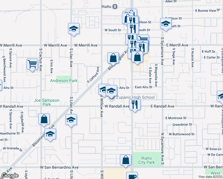 map of restaurants, bars, coffee shops, grocery stores, and more near 225 Alru Street in Rialto