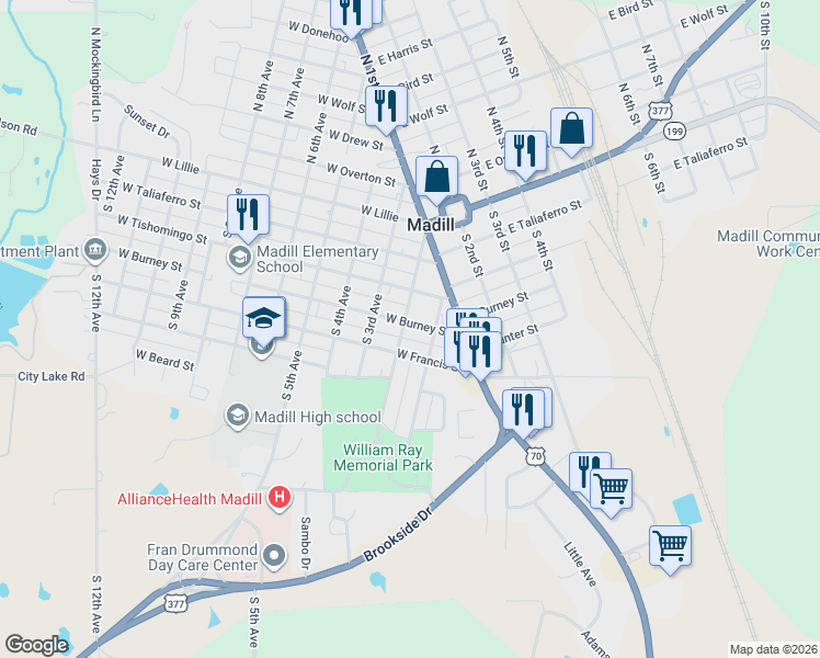map of restaurants, bars, coffee shops, grocery stores, and more near 110 West Burney Street in Madill