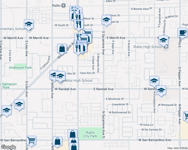 map of restaurants, bars, coffee shops, grocery stores, and more near 761 South Date Avenue in Rialto