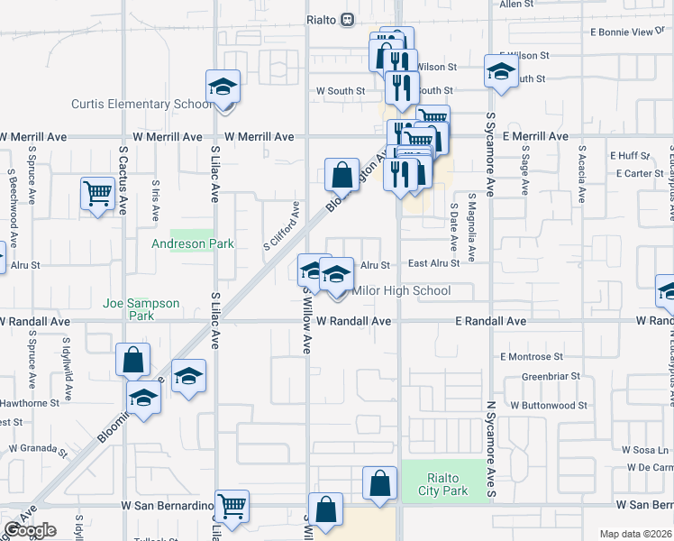 map of restaurants, bars, coffee shops, grocery stores, and more near 739 South Gardena Avenue in Rialto