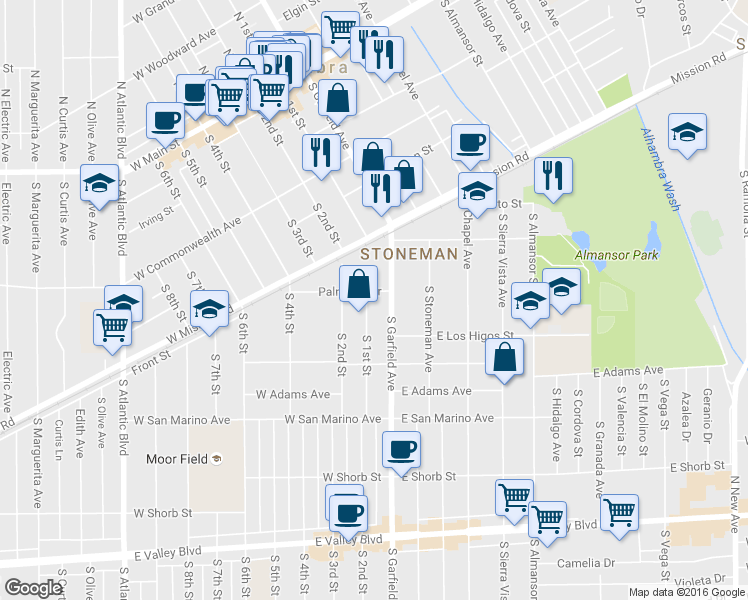 map of restaurants, bars, coffee shops, grocery stores, and more near 11 Palmetto Drive in Alhambra