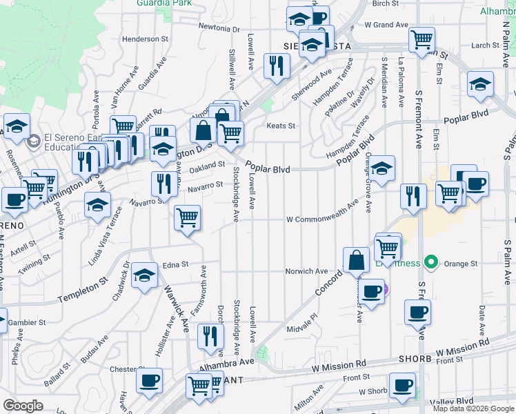 map of restaurants, bars, coffee shops, grocery stores, and more near 3539 Lowell Avenue in Los Angeles