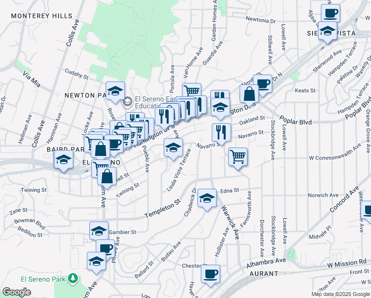 map of restaurants, bars, coffee shops, grocery stores, and more near 5112 Oakland Street in Los Angeles