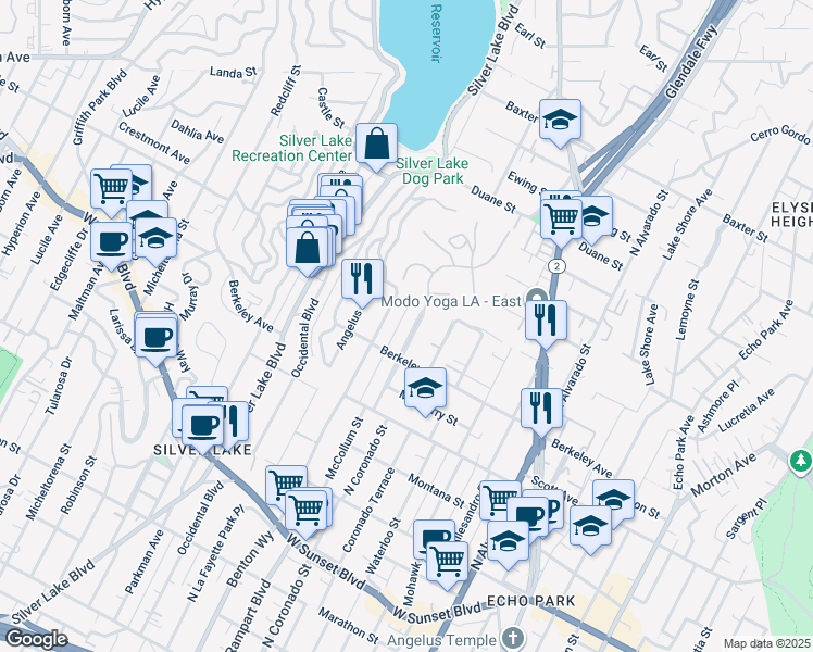 map of restaurants, bars, coffee shops, grocery stores, and more near 1642 North Benton Way in Los Angeles