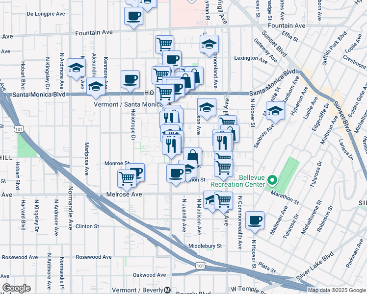 map of restaurants, bars, coffee shops, grocery stores, and more near 4420 Burns Avenue in Los Angeles